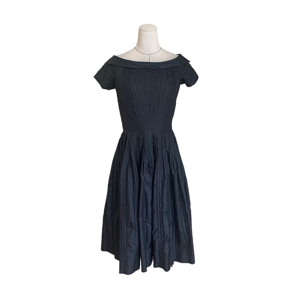 Rare 50s Ceil Chapman Couture Black Pleated Dress Full Skirt Bateau Neckline